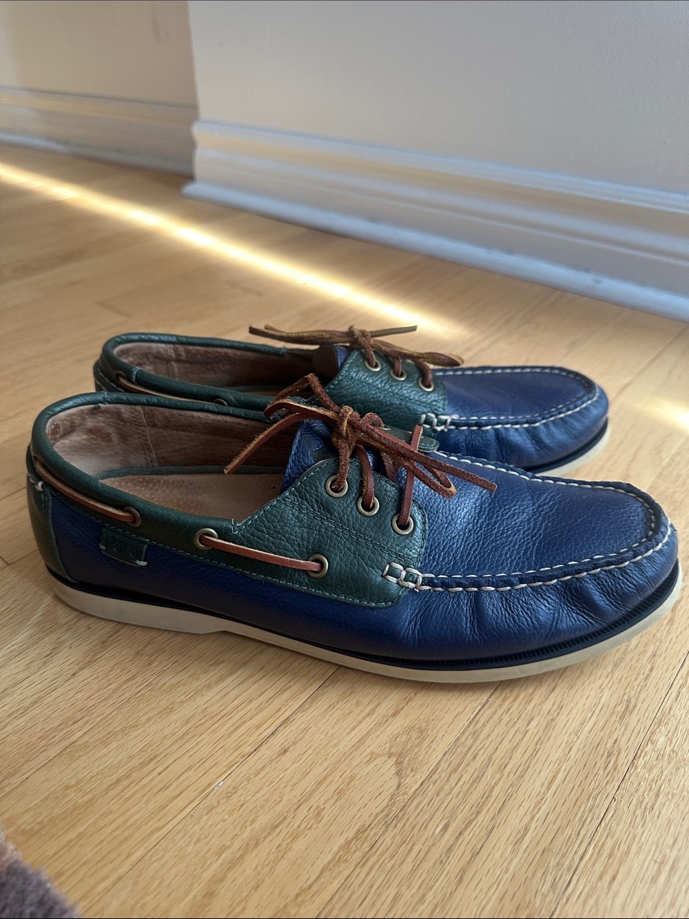 Polo by Ralph Lauren Navy and Green Two-Tone Leather Boat Shoes